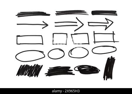 Set of hand drawn doodles, square arrow circle stroke on isolated white background Stock Photo