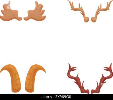Cartoon illustration set featuring four different styles of animal horns and antlers Stock Vector