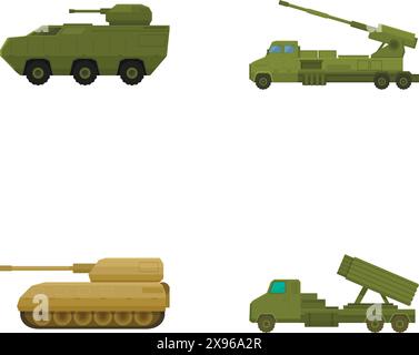 Illustration of four types of modern military vehicles, including a tank and mobile artillery Stock Vector