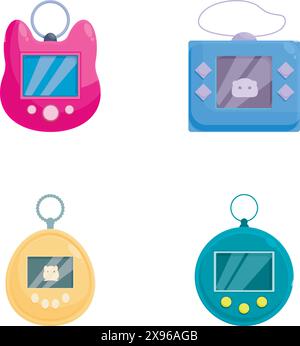 Collection of four illustrated digital pet devices in various colors and designs Stock Vector