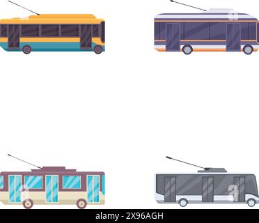 Vector illustration of four colorful trolleybuses, representing public urban transport Stock Vector