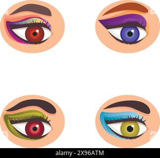 Vibrant and diverse collection of colorful cartoon eyes with unique and artistic illustrations in vector graphic design. Showcasing human expressions and individuality in shades of purple. Green Stock Vector