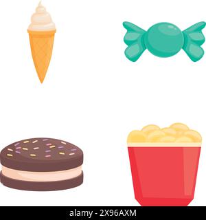 Collection of colorful flat icons depicting various snacks and sweets Stock Vector