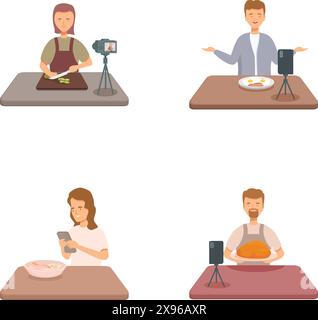 Set of illustrations featuring diverse food bloggers recording tutorials and reviews for online audiences Stock Vector