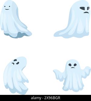 Collection of four adorable cartoon ghost illustrations, with various expressions, isolated on white Stock Vector