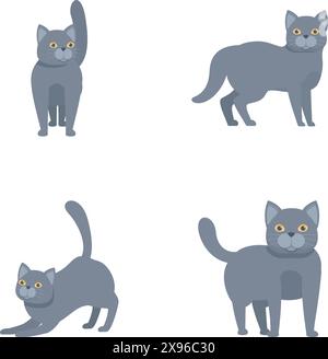 Collection of four adorable gray cartoon cats in various poses on a white background Stock Vector