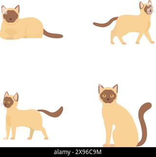 Collection of four cute siamese cat vector illustrations, each showcasing a different pose Stock Vector