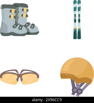Collection of colorful winter sports icons featuring boots, skis, goggles, and helmet Stock Vector