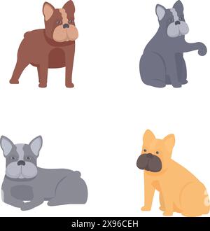 Collection of adorable french bulldog illustrations in various poses and colors Stock Vector
