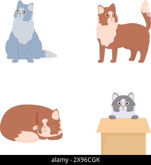 Collection of four adorable illustrated cats standing, sitting, and lying down Stock Vector