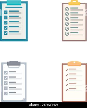 Four flat design icons depicting various checklist clipboards with check marks Stock Vector