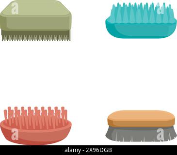 Set of four different types of brushes and combs for grooming isolated on white background Stock Vector