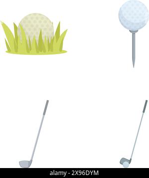 Flat design golf equipment icons set with ball, tee, club, and other essentials in vector illustration isolated on white background, perfect for sport and leisurethemed projects Stock Vector