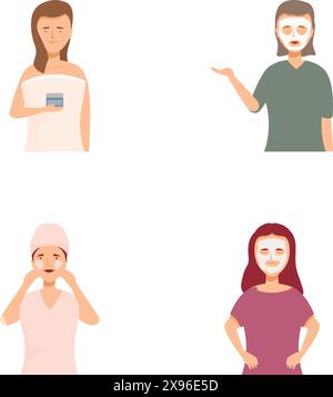 Illustrations showcasing individuals engaged in various skincare activities Stock Vector