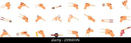 Hands holding chopsticks icons set vector. A collection of cartoonish drawings of chopsticks and other Asian utensils. The drawings are all different, but they all have a similar theme of Asian cuisine Stock Vector