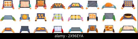 Hands hold oven tray icons set vector. A collection of people holding various food items, including pizza, cookies, and cakes. Concept of warmth and comfort, as the people are gathered around food and sharing it with each other Stock Vector