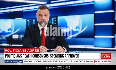 Late Night TV Talk Show Live News Program: Charismatic Male Anchor Presenter Reporting. Television Cable Channel Anchorman Host Talks. Network Broadcast Newsroom Studio Mockup. Stock Photo