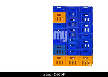Empty blue and yellow plastic crate isolated on white background Stock Photo