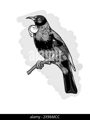 Grayscale art: tūī (Prosthemadera novaeseelandiae) tui, medium-sized bird native to New Zealand Blue, green, & bronze plumage, white throat tuft (poi) Stock Photo