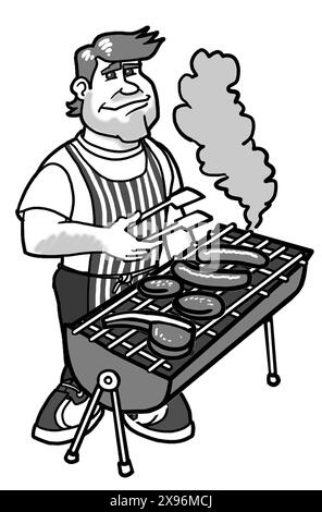 Grayscale art of a map standing at a BBQ grill, holding tongs, cooking sausages and burgers, outdoor food, family occasions, summer food, seasonal Stock Photo