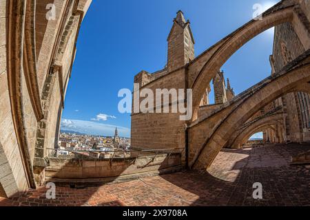 Terrace of the Cathedral of Santa Maria of Palma, or La Seu, a Gothic Roman Catholic cathedral located in Palma, Mallorca, Spain. Build begun by King Stock Photo