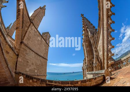 Terrace of the Cathedral of Santa Maria of Palma, or La Seu, a Gothic Roman Catholic cathedral located in Palma, Mallorca, Spain Stock Photo