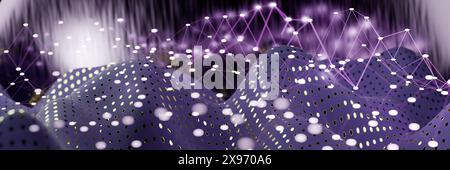 Abstract digital landscape with purple and black tones, featuring interconnected nodes and lines. 3d rendering Stock Photo