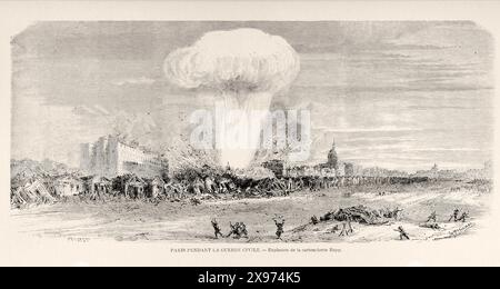 'PARIS PENDANT LA GUERRE CIVILE. — Explosion de la cartoucherie Rapp.' - Extract from 'L'Illustration Journal Universel' - French illustrated magazine | An illustration of the Rapp cartridge factory explosion during the civil war in Paris. The scene is depicted with a large plume of smoke and chaos, capturing the violent eruption and its impact on the surroundings. The illustration style is dramatic, conveying the suddenness and destruction of the event. 1871 Stock Photo
