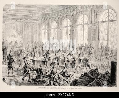 'LA COMMUNE À L'HÔTEL-DE-VILLE. – La salle du Trône.' ['THE COMMUNE AT THE CITY HALL. – The Throne Room.'] - Extract from 'L'Illustration Journal Universel' - French illustrated magazine. This image shows a chaotic scene inside a grand room, with people engaging in various activities. The style of the illustration is detailed and busy, capturing the turbulent atmosphere of the commune, a common theme in historical journalistic illustrations. Stock Photo