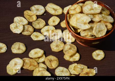 Banana chips crunchy popular deep fried traditional South Indian tea time snack. Kerala India. made in coconut oil on Onam, Vishu, Diwali, Ramzan. Stock Photo