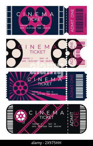 Set of cinema tickets with different design. Front view. Cinema ticket template. Vector illustration Stock Vector