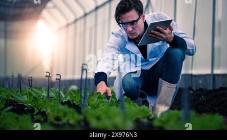 Portrait of handsome agricultural researcher holding tablet while working on research at plantation in industrial greenhouse Stock Photo