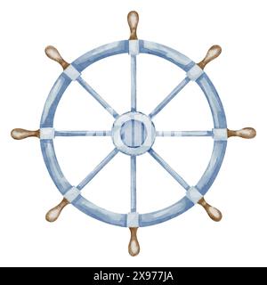 Watercolor illustration of a vintage wooden and steering wheel of a ...