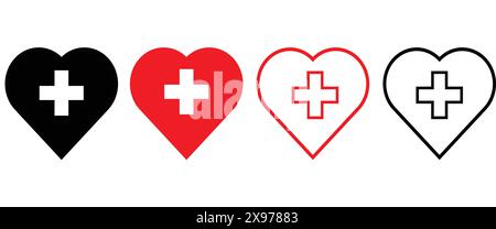 Heart shape with cross inside. Vector icon in 4 different styles on white background Stock Vector