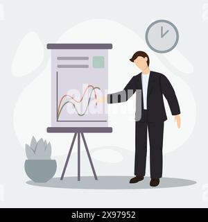 Young businessman making a report on work, finances and income. Vector flat illustration of business concept Stock Vector