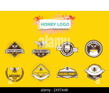Gold Honey Vector Logo Set – Perfect for Branding Beekeeping Businesses, Premium Food Products, and Eco-Friendly Skincare Stock Vector