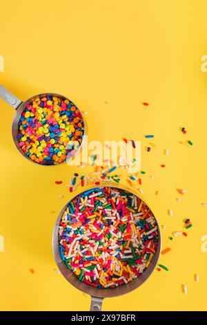Decorative festive sugar sprinkles in measuring cups on yellow background, top view Stock Photo