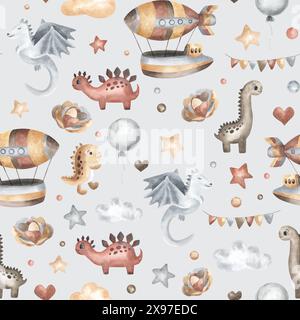 Cartoon character dinosaurs wiht airship, stars, clouds, balloons. Kids seamless pattern with cute dino. Watercolor hand drawn background for childish Stock Photo