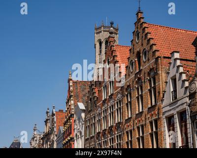 Detail of buildings with decorated towers and roof tiles under a clear sky, historic house facades in a medieval town by the river, Bruges, Belgium Stock Photo