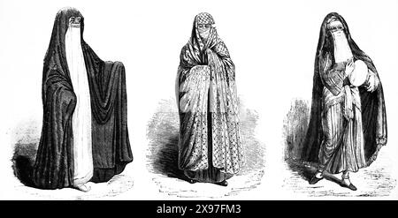 Various Modes of Egyptian Dress Mentioned as A Wimple and Muffler in Book of Isaiah Chapter 3,23 from Antique 19th Century Illustrated Family Bible Stock Photo