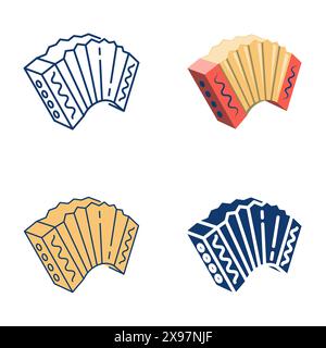 Accordion folk music instrument icon set in flat and line style. Traditional Russian bayan or harmonica symbol. Vector illustration. Stock Vector