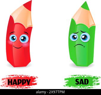 Opposite words Sad and Happy vector illustration. Sad and Happy Antonyms flashcard vector template. Word card for English language learning with red a Stock Vector