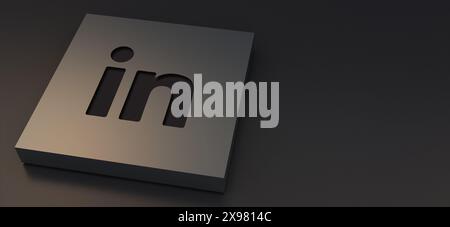 Auckland, New Zealand - April 29, 2021: Linkedin logotypes engraved on metal plate. 3d Illustration Luxurious background of social media icon. Stock Photo