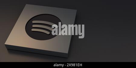 Auckland, New Zealand - April 29, 2021: Spotify logotypes engraved on metal plate. 3d Illustration Luxurious background of social media icon. Stock Photo