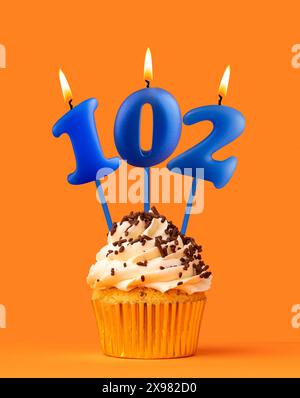 Blue birthday candle and cupcake - Number 102 Stock Photo