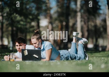 Young couple lying on grass together with laptop in park Stock Photo