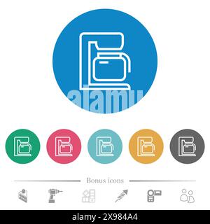 Coffeemaker outline flat white icons on round color backgrounds. 6 bonus icons included. Stock Vector