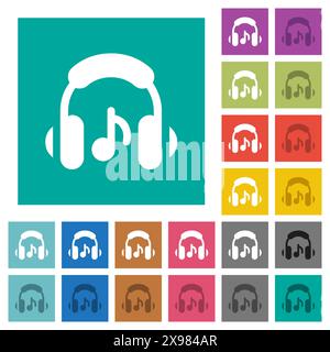 Music earphones solid multi colored flat icons on plain square backgrounds. Included white and darker icon variations for hover or active effects. Stock Vector