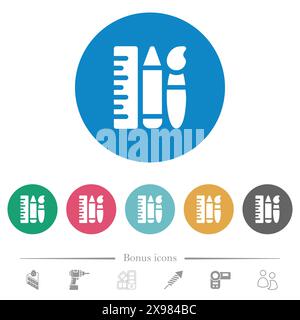 Art tools solid flat white icons on round color backgrounds. 6 bonus icons included. Stock Vector