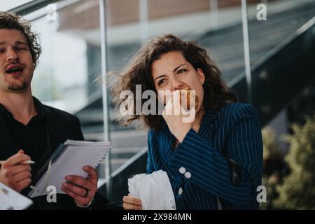 Business professionals discussing work while enjoying a quick lunch break outdoors Stock Photo